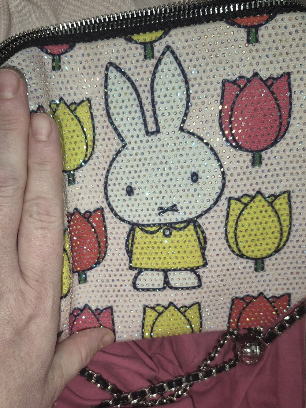 miffy Crystal-Studded Crossbody Bag with Tulip Motif in Pink, Yellow & Red